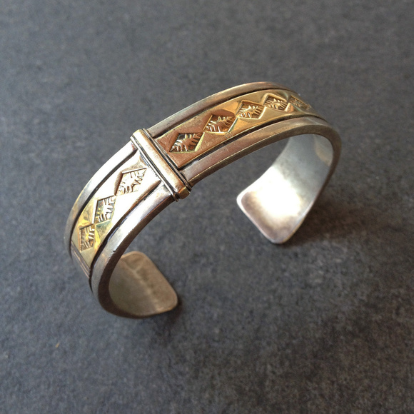 Vintage Southwest Sterling and 14K Gold Bracelet - Picture 2 of 6